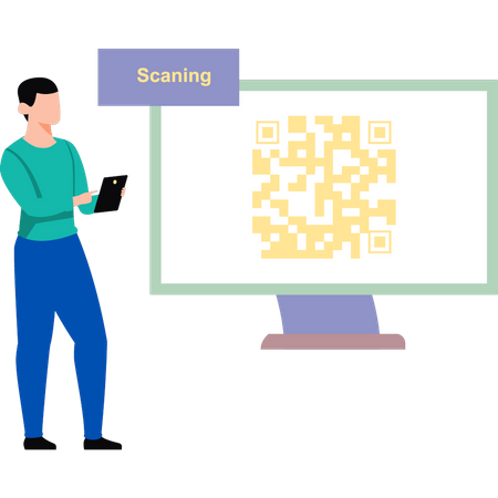Niño escaneando código QR en el monitor  Ilustración