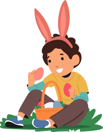 Niño elige huevos de Pascua de colores brillantes  Ilustración