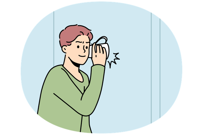 Niño escucha lo que pasa detrás de la pared con una taza  Ilustración