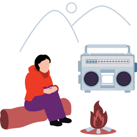 El niño está escuchando la radio además de la chimenea.  Ilustración