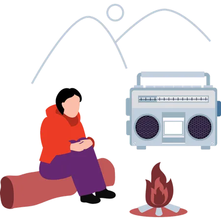 El niño está escuchando la radio además de la chimenea.  Ilustración