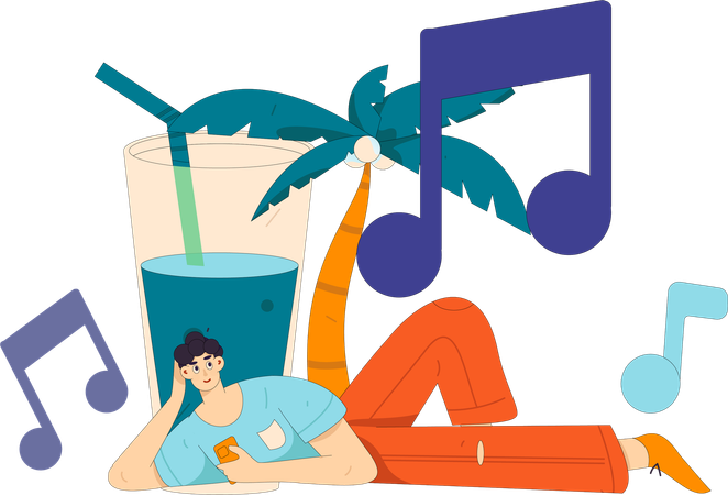 Niño escuchando música de vacaciones  Ilustración