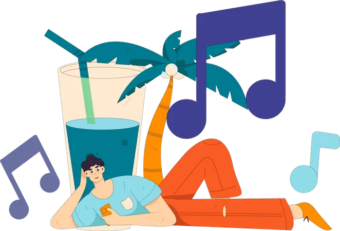 Niño escuchando música de vacaciones  Ilustración