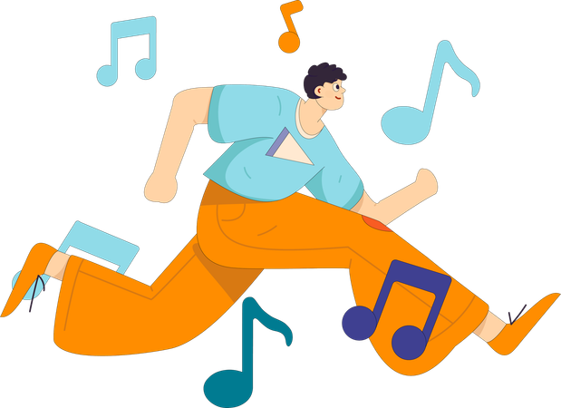 Niño escuchando música mientras corre  Ilustración