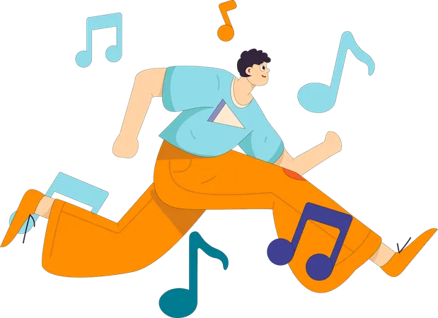 Niño escuchando música mientras corre  Ilustración