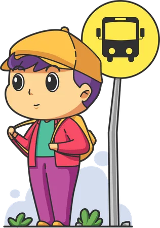 Niño esperando el autobús escolar  Ilustración