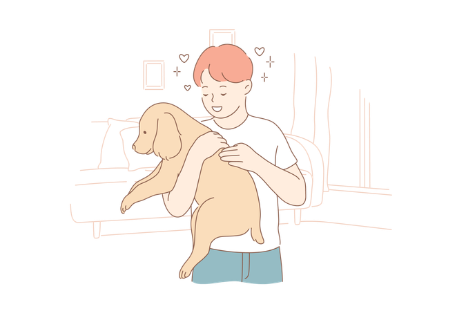 El niño está abrazando a su perro mascota  Ilustración