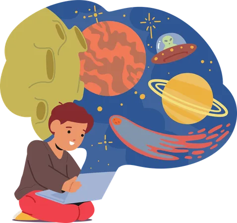 El niño está adquiriendo conocimientos sobre el espacio desde una computadora portátil.  Ilustración