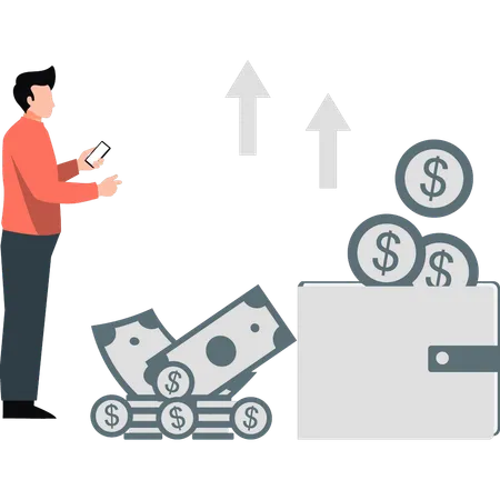 El niño está ahorrando dinero en una billetera digital  Ilustración