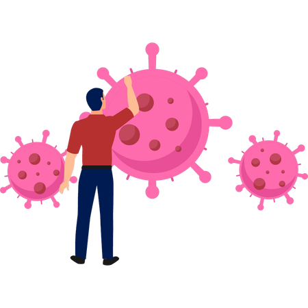 El niño señala los microbios.  Ilustración