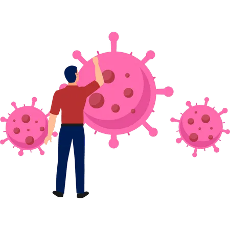 El niño señala los microbios.  Ilustración