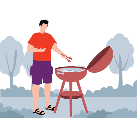 El niño está asando carne en el camping.  Ilustración