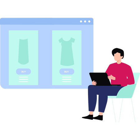 El chico busca ropa en línea en una computadora portátil.  Ilustración