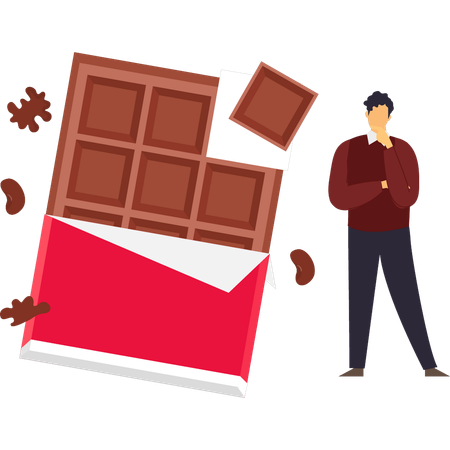 El niño está comiendo barra de chocolate.  Ilustración