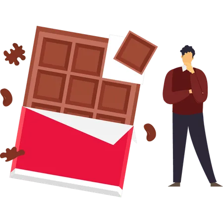 El niño está comiendo barra de chocolate.  Ilustración