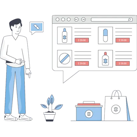 El niño está comprando medicamentos en línea  Ilustración
