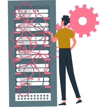 El chico está conectando un servidor de base de datos con diferentes cables.  Ilustración