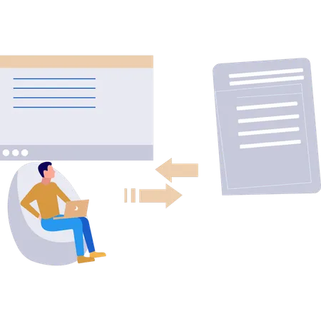 El niño está convirtiendo archivos de datos en una computadora portátil  Ilustración