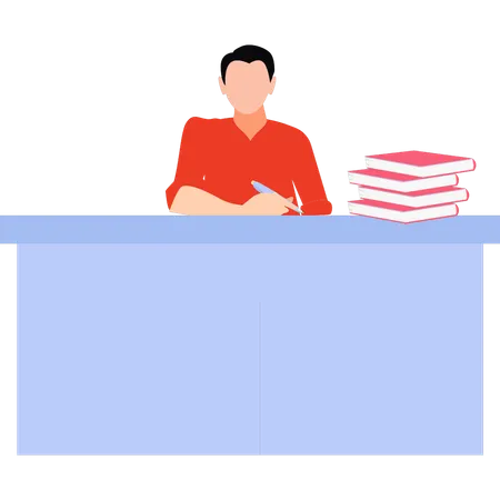 El niño está dando un examen mientras está sentado en el banco del estudiante.  Ilustración