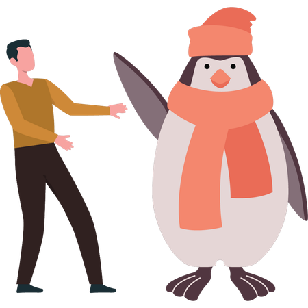 El niño disfruta con el pingüino.  Ilustración