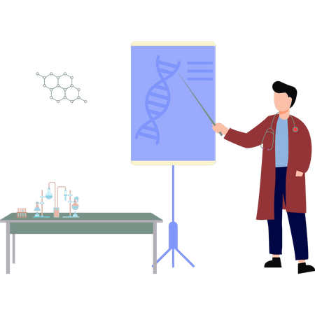 El chico está enseñando ciencias.  Ilustración