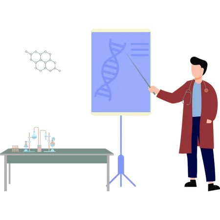 El chico está enseñando ciencias.  Ilustración