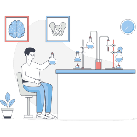 El niño está haciendo una investigación de laboratorio.  Ilustración