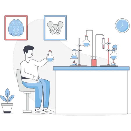 El niño está haciendo una investigación de laboratorio.  Ilustración