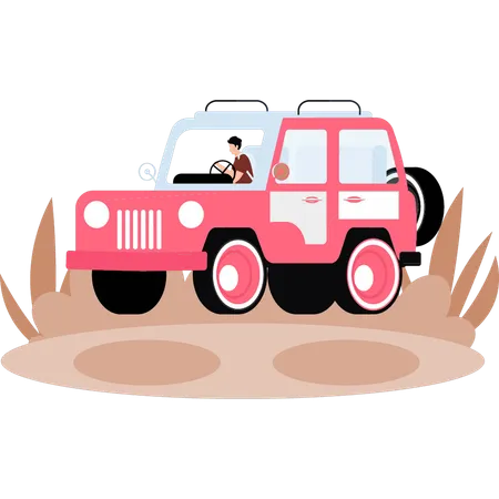 El niño está haciendo un safari por el bosque en jeep.  Ilustración