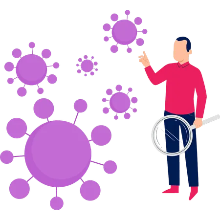 El niño está investigando el brote de virus.  Ilustración