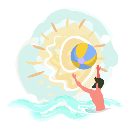 El niño está jugando con una pelota de playa en el océano  Ilustración