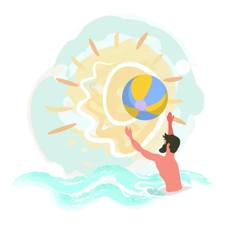 El niño está jugando con una pelota de playa en el océano  Ilustración