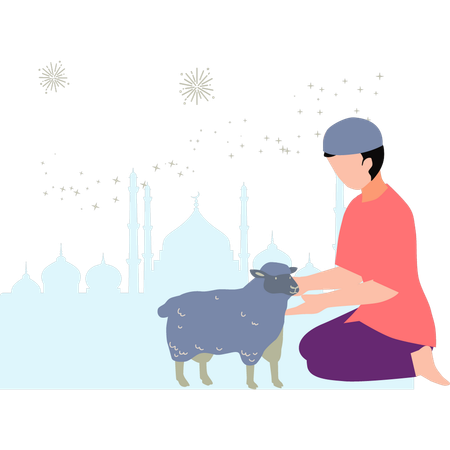 El niño está jugando con un animal de Eid.  Ilustración