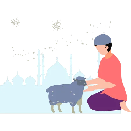 El niño está jugando con un animal de Eid.  Ilustración