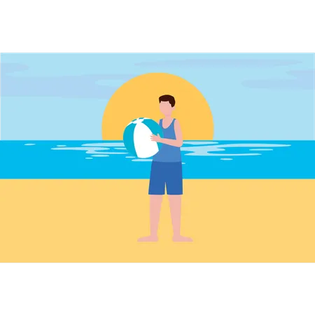 El niño está jugando con una pelota de playa en la playa.  Ilustración