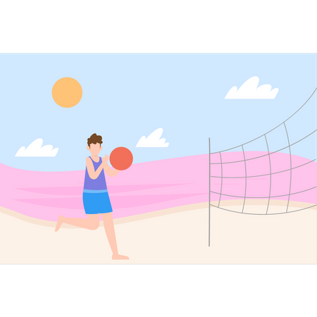 El niño está jugando voleibol en la playa  Ilustración