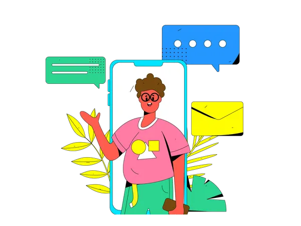 El chico está leyendo correos no leídos.  Illustration