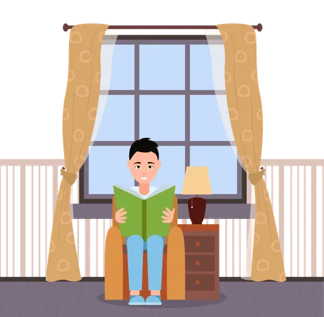 El chico está leyendo un libro.  Ilustración