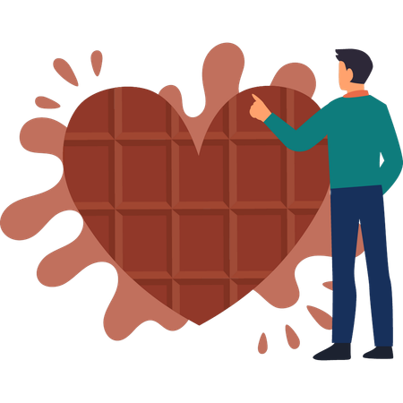 El niño está mirando el chocolate en forma de corazón.  Ilustración