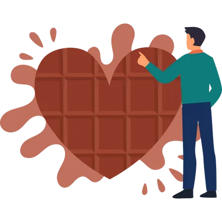 El niño está mirando el chocolate en forma de corazón.  Ilustración