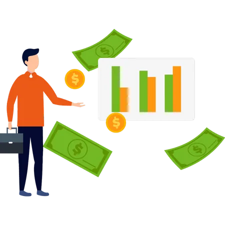 El chico está mirando el gráfico del dólar.  Ilustración