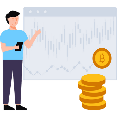 El niño está mirando el precio de mercado de Bitcoin.  Ilustración