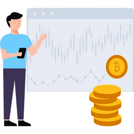 El niño está mirando el precio de mercado de Bitcoin.  Ilustración