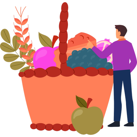 El niño está mirando la canasta de frutas.  Ilustración