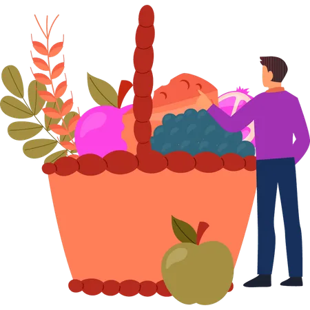 El niño está mirando la canasta de frutas.  Ilustración