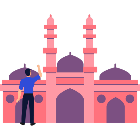 El chico está mirando la mezquita.  Ilustración