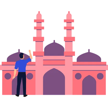 El chico está mirando la mezquita.  Ilustración