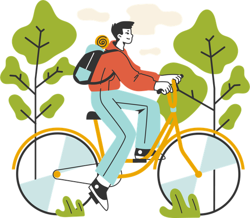 El niño anda en bicicleta en el bosque  Ilustración