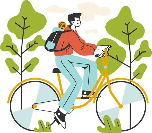 El niño anda en bicicleta en el bosque  Ilustración