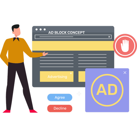 El chico muestra el navegador de concepto de bloque de anuncios.  Ilustración